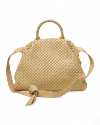 High-quality product photo of a Bottega Veneta Handle Medium Intrecciata Beige in Beige