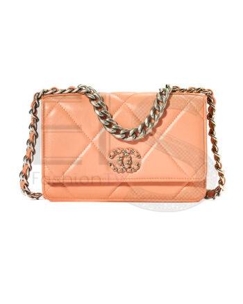 High-quality product photo of a Chanel 19 Quilted Peach Wallet On Chain in Fishing