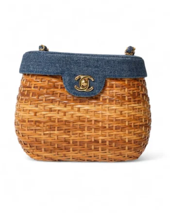 High-quality product photo of a Chanel Basket Bag Small Wicker Denim Beige in Beige