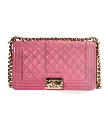 High-quality product photo of a Chanel Boy Medium Matelassè Pink in Rose