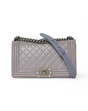 High-quality product photo of a Chanel Boy Medium Quilted Grey in Gray