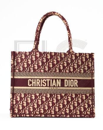 High-quality product photo of a Dior Book Tote Medium Jacquard Oblique Bordeaux in Bordeaux