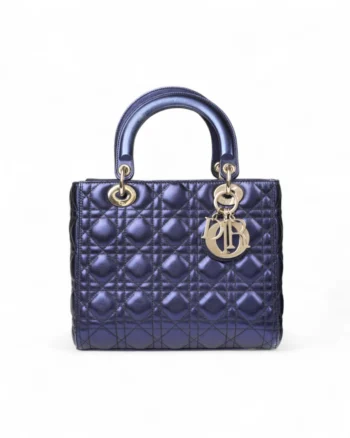High-quality product photo of a Dior Lady Medium Cannage Metallic Blue in Blue