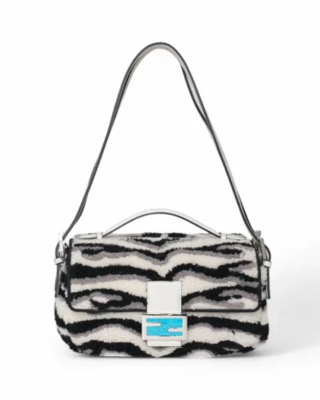 High-quality product photo of a Fendi Baguette Double Sheep Sapphire White/Black in White