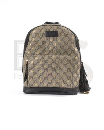 High-quality product photo of a Gucci Bee Small GG Supreme Backpack Black in Black