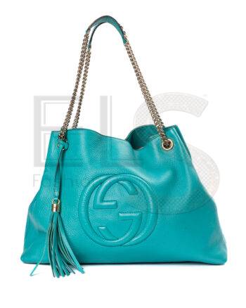 High-quality product photo of a Gucci Soho Medium Shopper Hammered Blue in Sky Blue