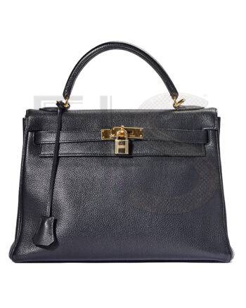 High-quality product photo of a Hermès Kelly 32 Veau Grain Lisse Noir in Noir