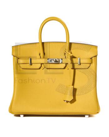 High-quality product photo of a Hermès Sac Birkin 25 Swift Jaune Ambre in Yellow Amber