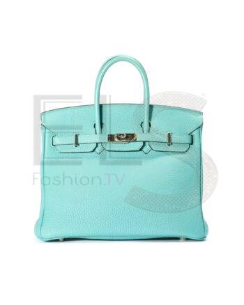 High-quality product photo of a Hermès Sac Birkin 25 Togo Blue Atoll in Blue Atoll