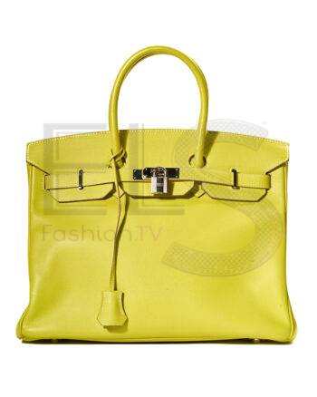 High-quality product photo of a Hermès Sac Birkin 35 Epsom Lime Yellow in Yellow