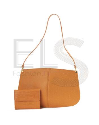 High-quality product photo of a Louis Vuitton Demi Lune Pochette + Orange Epi Wallet in Orange