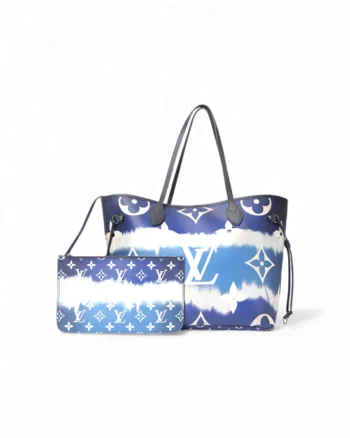 High-quality product photo of a Louis Vuitton Neverfull Escale MM Giant Blue Monogram in Giant Blue