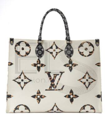 High-quality product photo of a Louis Vuitton Onthego GM Jungle Monogram in Brown