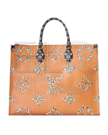 High-quality product photo of a Louis Vuitton OnTheGo GM Monogram Giant Leopard Bicolor in Black