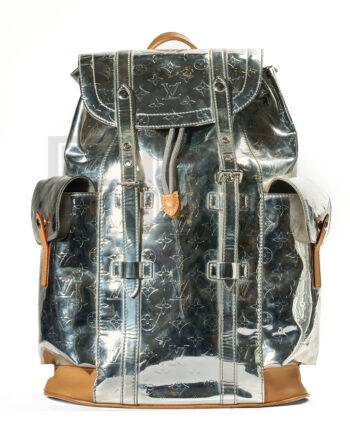 High-quality product photo of a Louis Vuitton X Virgil Abloh Cristopher Monogram Mirror Backpack in Grey
