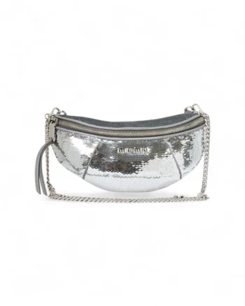 High-quality product photo of a Miu Miu Small Glitter Silver Bum Bag in Silver