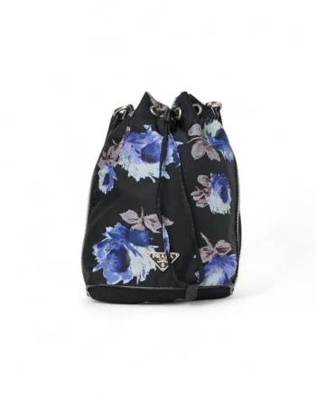 High-quality product photo of a Prada Bucket Small Nylon Flowers Black in Black