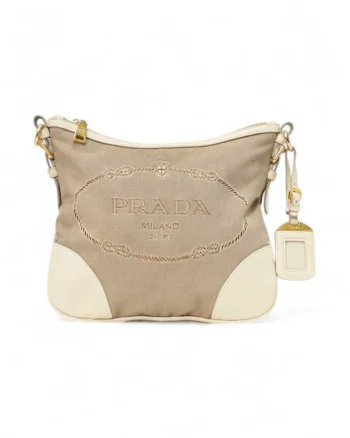 High-quality product photo of a Prada Logo Small Canvas Shoulder Bag Beige White in Beige