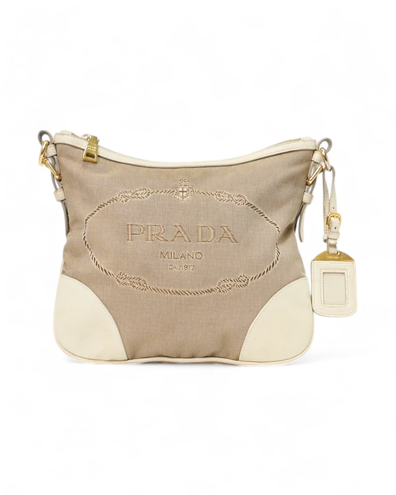 Prada Logo Small Canvas Shoulder Bag Beige White – Good Collectors Edition