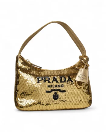 High-quality product photo of a Prada Re-Edition 2000 Sequins Logo Gold in Gold