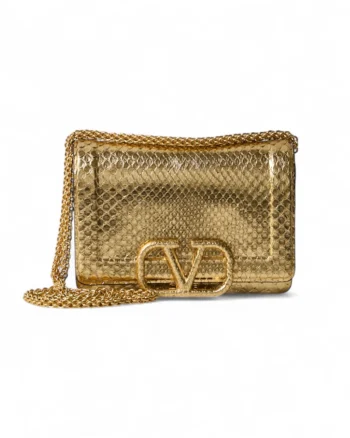 High-quality product photo of a Valentino Vlogo Small Gold Python Clutch in Gold